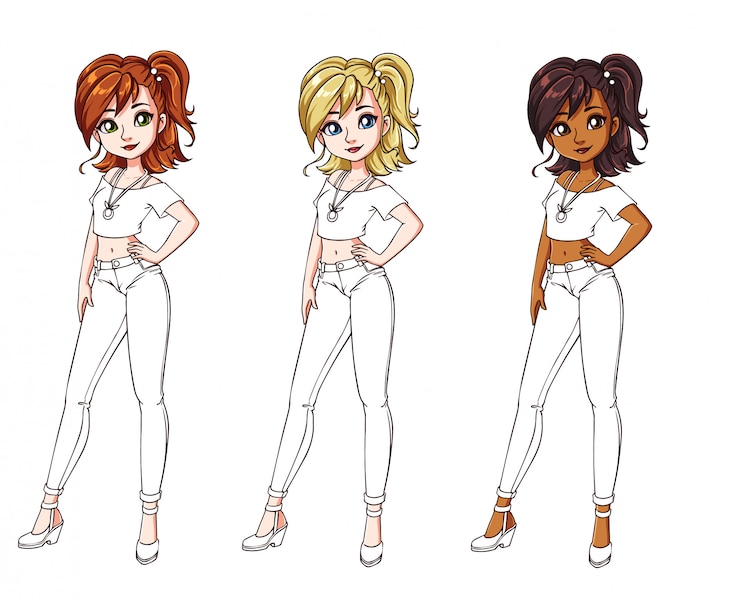 Vecteur ensemble de trois filles différentes portant un jean et une chemise. corps coloré avec costume blanc.
