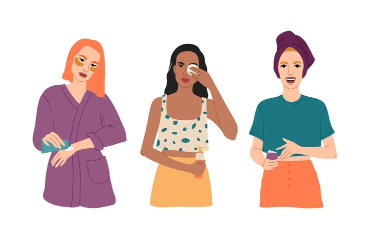 Vecteur ensemble de trois jeunes filles prennent soin de leur peau, appliquent des produits cosmétiques pour le visage, enduisent les mains de crème, fille heureuse avec une serviette sur la tête, routine quotidienne.