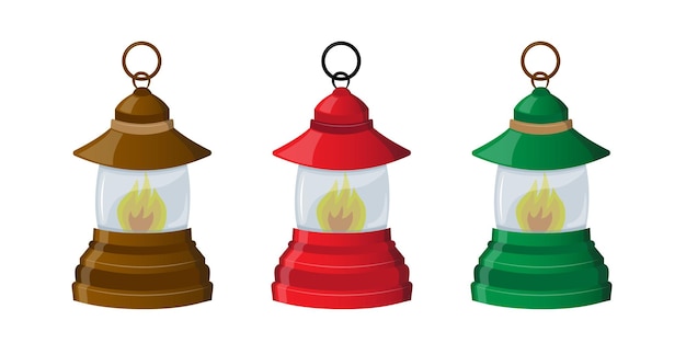 Vecteur ensemble de trois lampes à pétrole lampes pour camping jardinage camping marche illustration vectorielle dessin animé