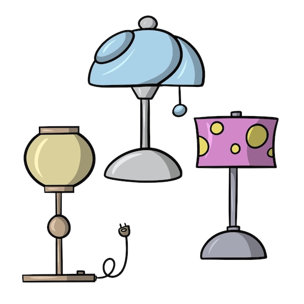 Un ensemble de trois lampes de table avec différentes nuances une illustration vectorielle en style cartoon