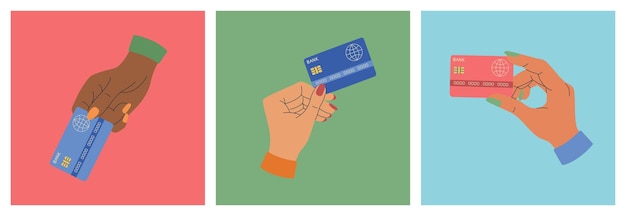 Ensemble de trois mains de femme avec cartes de crédit. Concept d'argent virtuel. Paiement sans numéraire, numérique