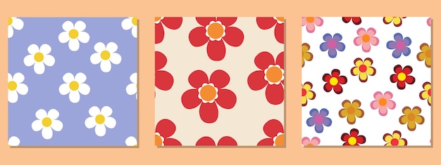 Un ensemble de trois motifs carrés abstraits sans couture avec des fleurs de camomille vintage