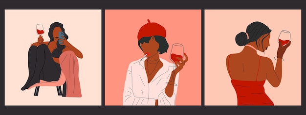 Ensemble de trois Portrait abstrait de femme avec des verres de vin. Femme boit du vin. Minimaliste