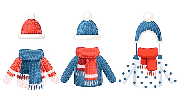 Vecteur ensemble de trois tenues d'hiver. bonnet, écharpe et pull tricotés avec différents motifs. illustration sur fond blanc