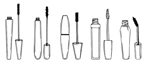 Vecteur ensemble de tubes de contour dessinés à la main de mascara, cosmétiques, maquillage. icônes, croquis, vecteur