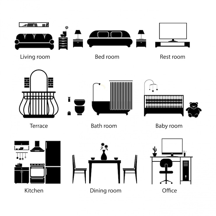 Vecteur ensemble de types de chambres à domicile. style de ligne mince.