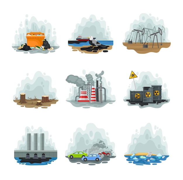 Ensemble de types de différentes manières de pollution de l'air