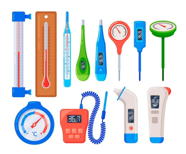 Vecteur l'ensemble de types de thermomètres comprend des articles ménagers et médicaux bimétalliques et culinaires en verre au mercure numérique