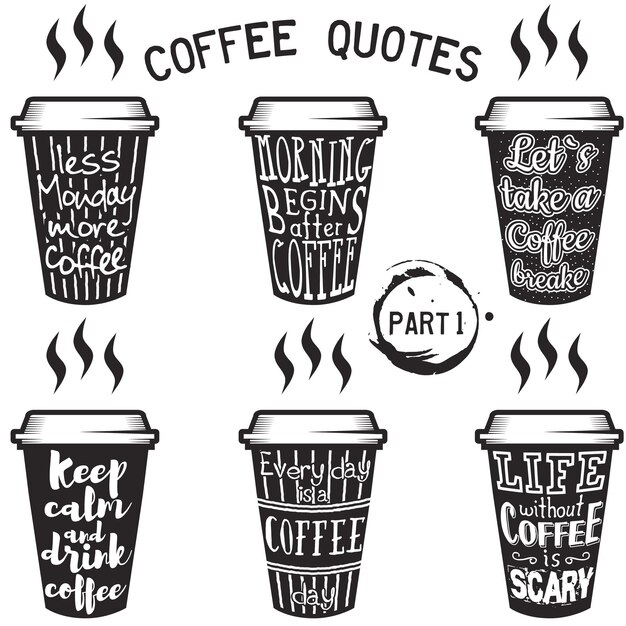 Ensemble de typographie de citations et de dictons de café de vecteur