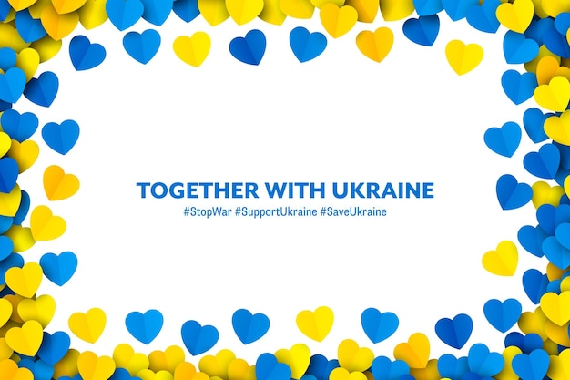 Ensemble Avec L'ukraine Vecteur Jaune Bleu Papier Coeurs Cadre Arrondi Isolé Sur Fond Blanc Solidarité Avec L'ukraine Fond D'écran Patriotique Couleurs Du Drapeau National Ukrainien Scatter Coeurs Frontière