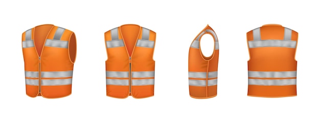 Vecteur ensemble uniforme de vêtements de travail d'icônes réalistes avec des vues inclinées isolées du gilet orange pour illustration vectorielle de travaux routiers