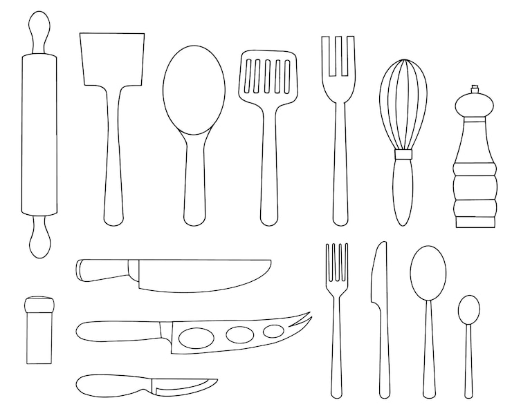 Vecteur ensemble d'ustensiles de cuisine et couverts pour les repas