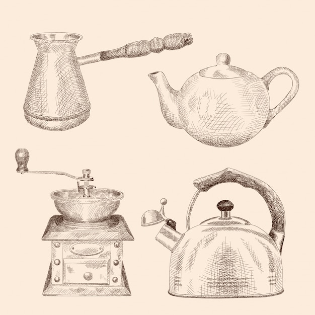 Vecteur un ensemble d'ustensiles de cuisine pour préparer du café et du thé.