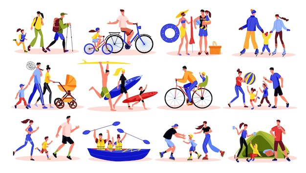 Ensemble De Vacances Actives En Famille D'icônes D'équipement De Sport Isolé Et De Personnages Humains D'adultes Avec Illustration Vectorielle D'enfants