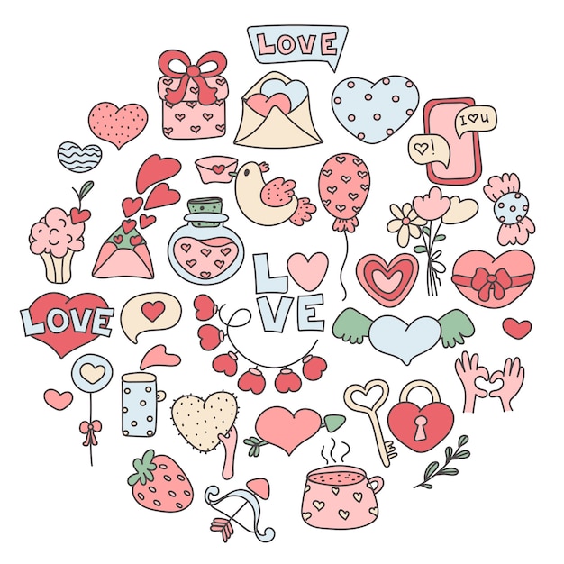 Vecteur ensemble de vacances de la saint-valentin ensemble d'objets isolés de la saint-valentin dans un style doodle