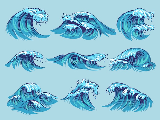 Vecteur ensemble de vagues de l'océan dessinés à la main