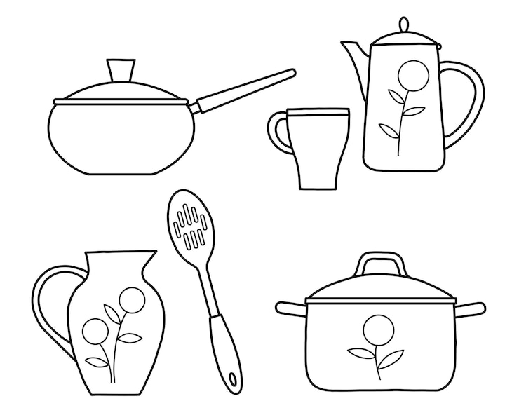 Vecteur ensemble de vaisselle et accessoires de cuisine : une marmite, une poêle, une cafetière et une tasse. illustration de contour sur fond blanc.