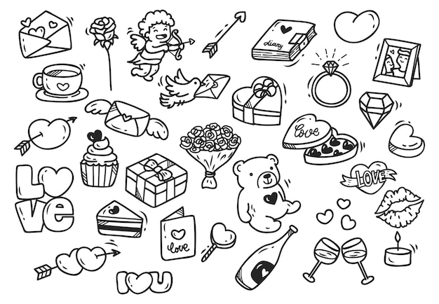 Ensemble de valentines doodle isolé sur fond blanc