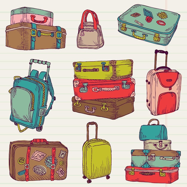 Vecteur ensemble de valises colorées vintage pour la conception et l'album