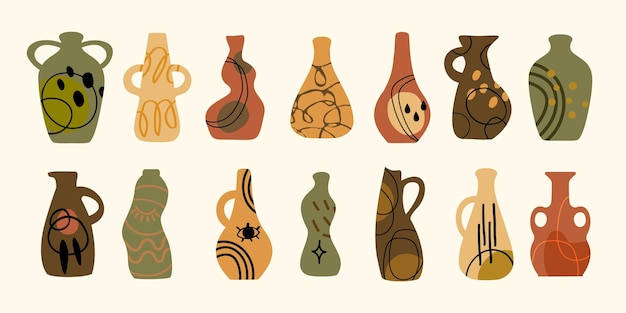 Vecteur ensemble de vases en céramique dessinés à la main silhouettes de vases à fleurs cruches en terre cuite style boho