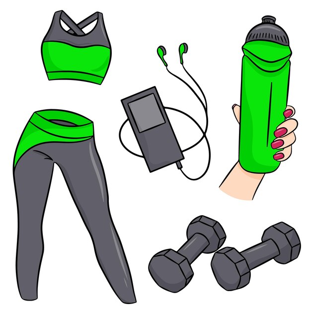 Ensemble De Vecteur D'accessoires De Fitness En Style Cartoon. Illustration Vectorielle Isolée Sur Fond Blanc.