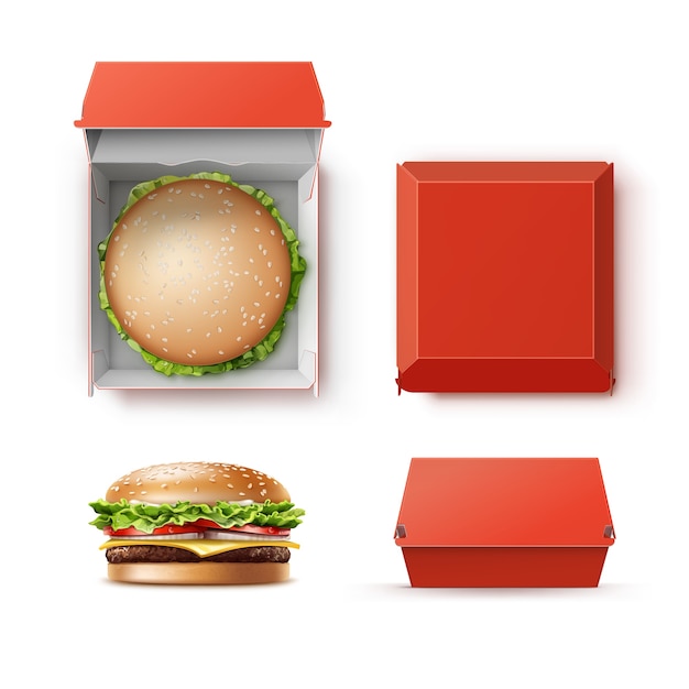 Vecteur ensemble de vecteur de conteneur de boîte de paquet de carton rouge vide vide réaliste pour la marque avec hamburger classic burger american cheeseburger close up top side view isolé sur fond blanc. fast food
