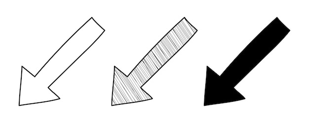 Ensemble de vecteur dessiné à la main flèche vers le bas à gauche dans un style de dessin animé doodle