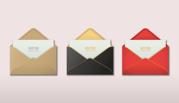 Vecteur ensemble de vecteur d'enveloppe ouverte réaliste avec carte d'invitation