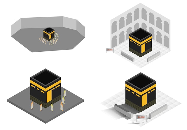 Ensemble De Vecteur Isométrique L'illustration De La Mecque De La Mosquée Sacrée Concept De Distance Sociale De Quarantaine