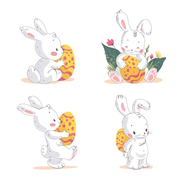 Ensemble De Vecteur De Mignon Petit Lapin De Pâques Avec Des Oeufs De Pâques Isolés Sur Fond Blanc. Style Dessiné à La Main. Pour Les Bannières De Chasse Aux œufs De Pâques, Les Affiches, Les Pancartes De Vacances, Les Cartes, Les Modèles De Flayers, Etc.