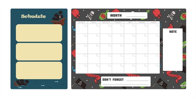 Vecteur ensemble de vecteur de planificateur hebdomadaire pour faire la liste de fond de note avec le planificateur d'école d'impression de pirate doodle avec...