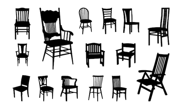 Ensemble de vecteur de silhouette de chaises en bois, silhouette de chaise, symbole de mobilier