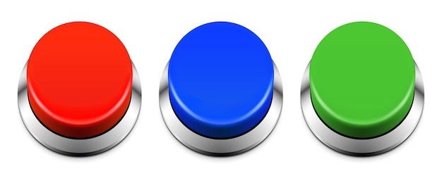 Ensemble De Vecteurs De Bouton Buzzer Rouge Bleu Et Vert Boutons Colorés Isolés Sur Fond Blanc