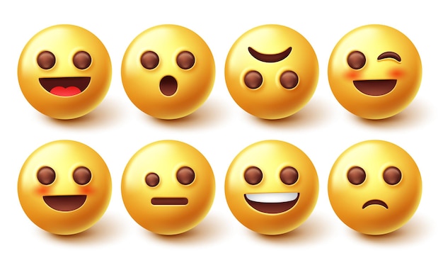Ensemble de vecteurs de caractères Emoji. Conception graphique de visage jaune 3D avec expression d'humeur faciale isolée.