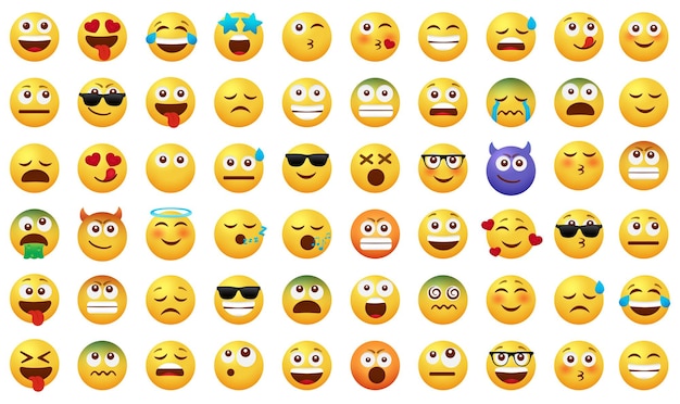 Ensemble de vecteurs de caractères émoticônes Icône de visage Emoji avec des baisers souriants et des expressions faciales malades