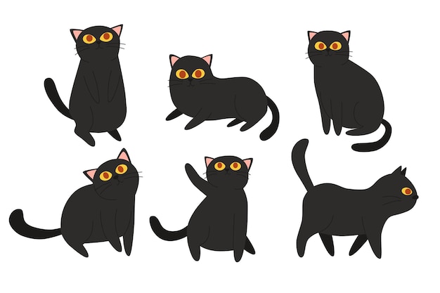 Ensemble De Vecteurs De Chats Noirs De Dessin Animé Mignon