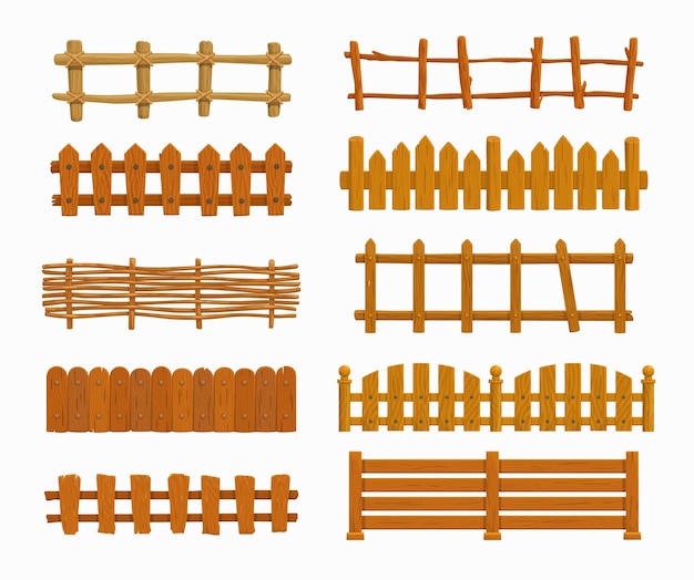 Vecteur ensemble de vecteurs de clôture en bois de dessin animé portes de palissade de jardin ou de ferme ou balustrade avec piquets garde-corps de clôture ou sections de clôture avec piliers décoratifs clôture et balustres isolés en bois