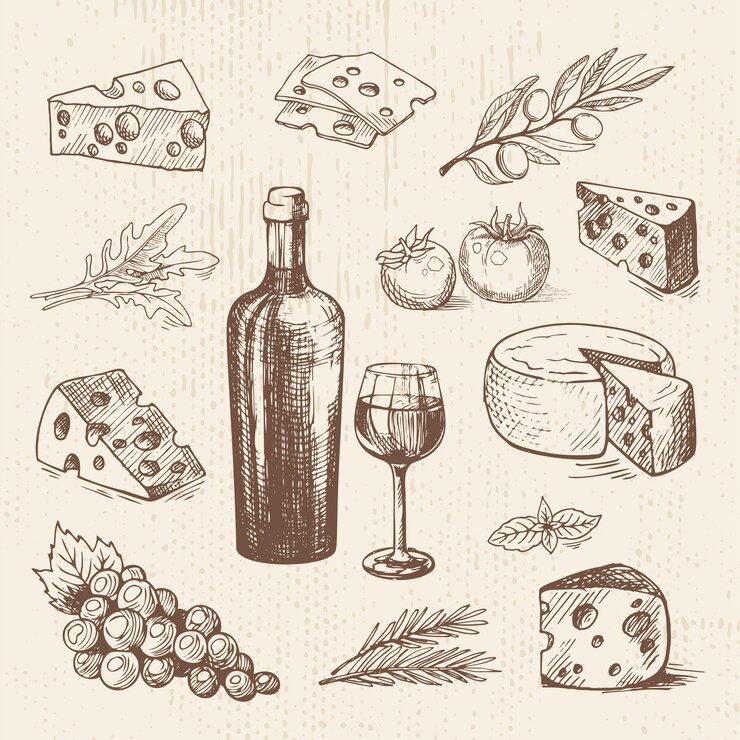 Vecteur ensemble de vecteurs dessinés à la main avec une bouteille de vin raisins fromage rameau d'olivier tomates et verts croquis vectoriel illustration d'aliments biologiques