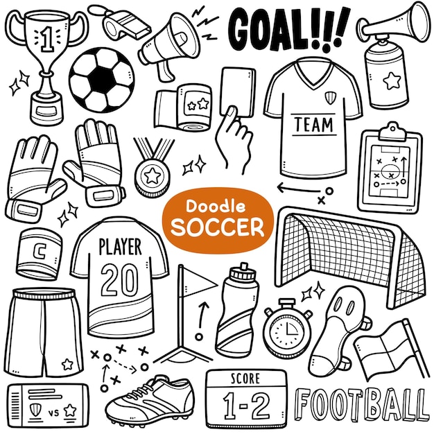 Vecteur ensemble de vecteurs de doodle équipements liés au football tels que le score de but du maillot de football, etc.