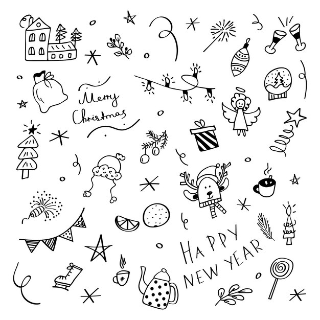 Ensemble de vecteurs de Doodle Objets et éléments liés à la fête du Nouvel An