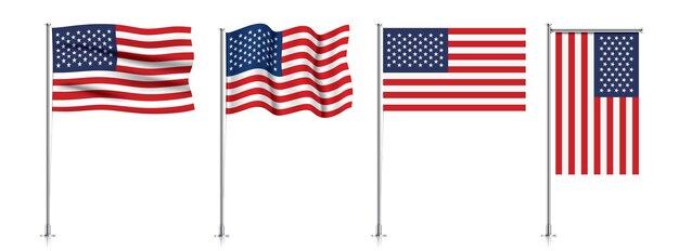 Ensemble de vecteurs de drapeaux des États-Unis sur un poteau métallique, isolé sur fond blanc.