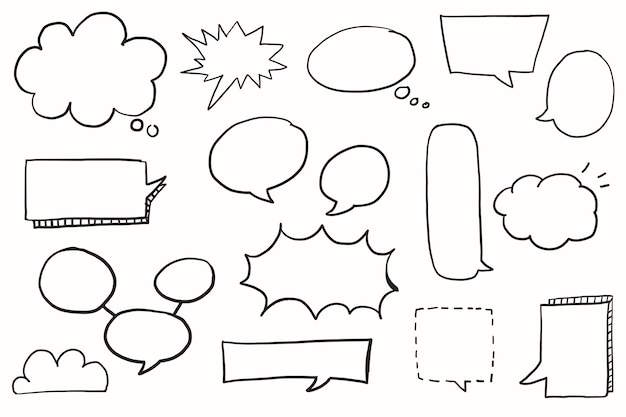Ensemble de vecteurs d'éléments de doodle de bulle de discours dessinés à la main
