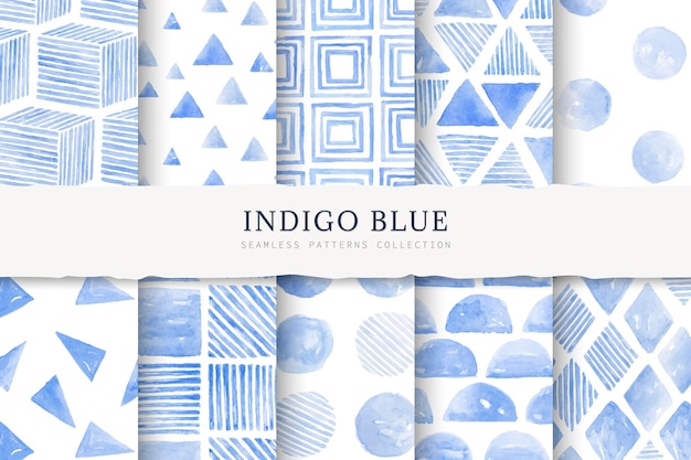 Ensemble De Vecteurs De Fond à Motifs Géométriques Sans Couture Aquarelle Bleu Indigo