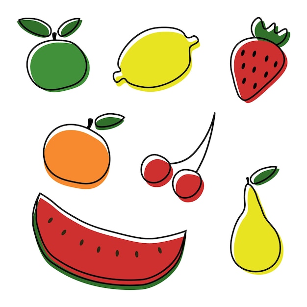 Ensemble de vecteurs de fruits et de baies Contour noir et tache colorée