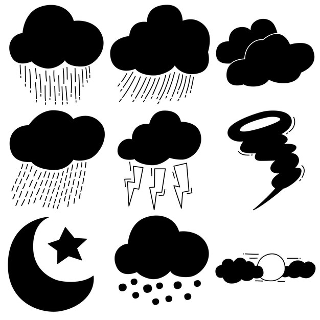 Vecteur ensemble de vecteurs météo isolé sur fond blanc style dessiné à la main simple dessin animé météo