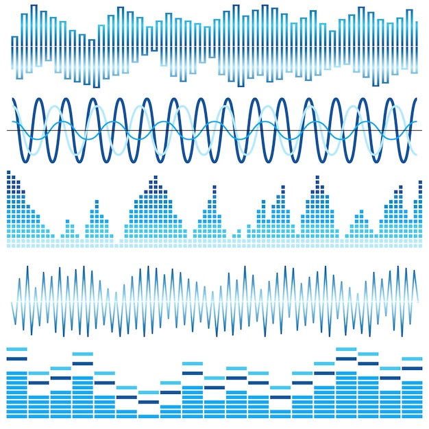 Vecteur ensemble de vecteurs d'ondes sonores bleues. égaliseur audio. ondes sonores et audio isolées sur fond blanc.