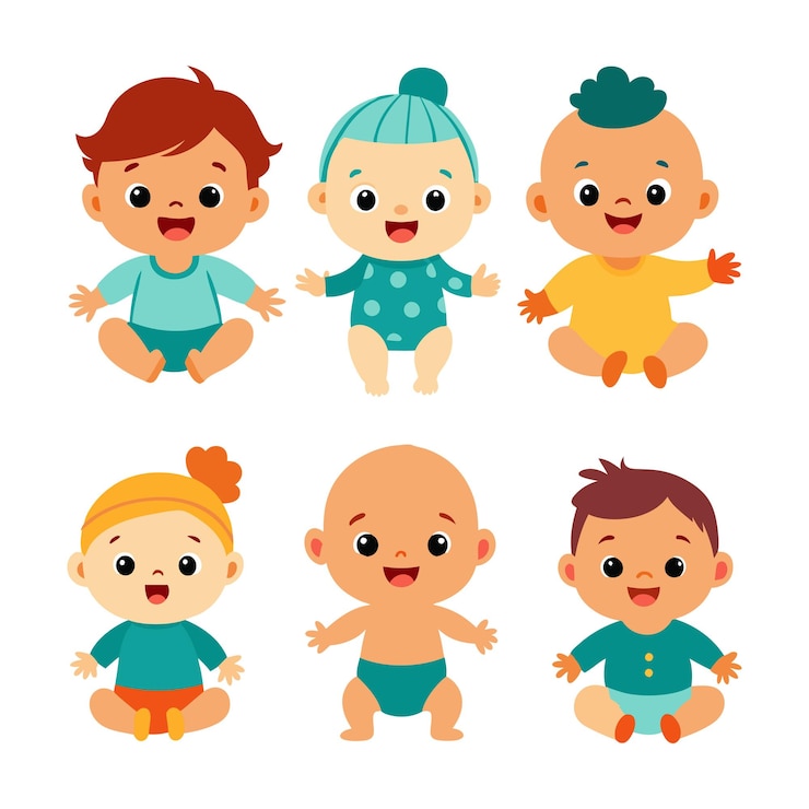 Vecteur un ensemble de vecteurs de petits bébés mignons de différentes poses à fond blanc