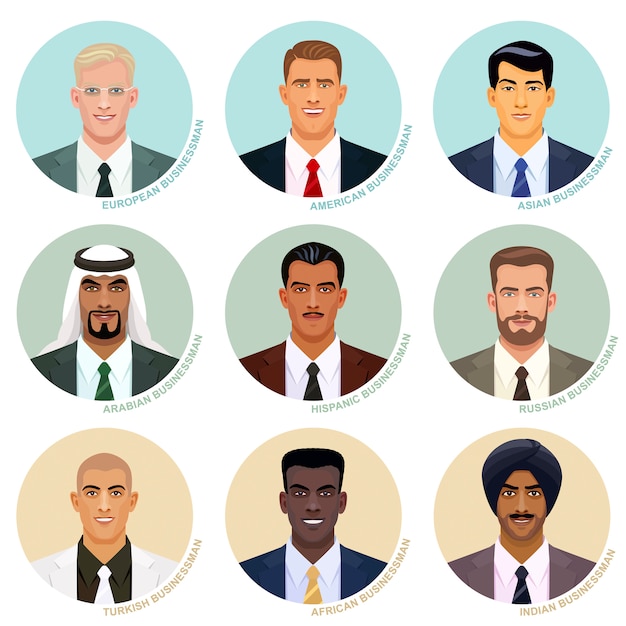 Ensemble De Vecteurs De Portraits D'homme D'affaires International. Beaux Avatars Masculins. Visages De Différentes Nations. Caucasien, Asiatique, Indien Et Autres Userpics Ethniques Dans Les Cadres Ronds.