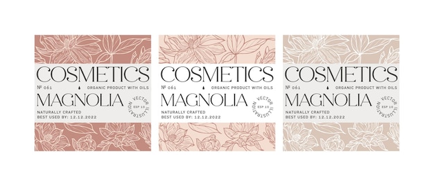 Vecteur ensemble de vecteurs pour les cosmétiques avec la conception de modèles d'étiquettes. modèles ou papier d'emballage pour emballages et salons de beauté. fleurs de magnolia. cosmétique bio et naturelle.