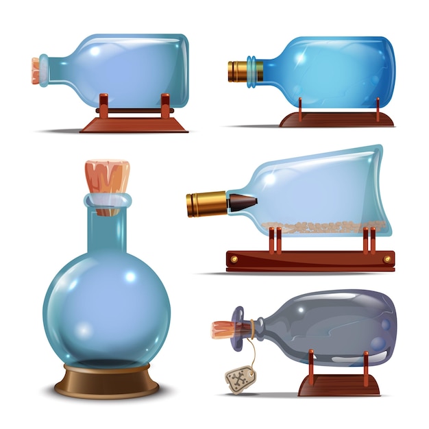 Vecteur ensemble de vecteurs réalistes de bouteilles en verre de différentes formes collection de bouteilles vides pirates thème passe-temps et mer